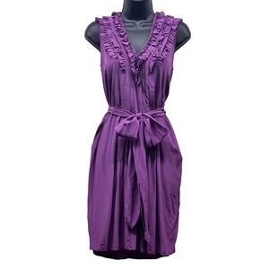Rebecca Taylor Purple 100% Silk Ruffle V-Neck Belted Dress with Pockets Size 6